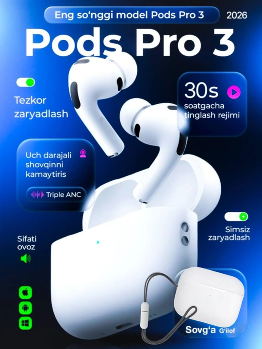 Premiuм pods pro 3 bonusiga chehol, uzulmas ipi, zaryadnigi, ios va android uchun mikrofon