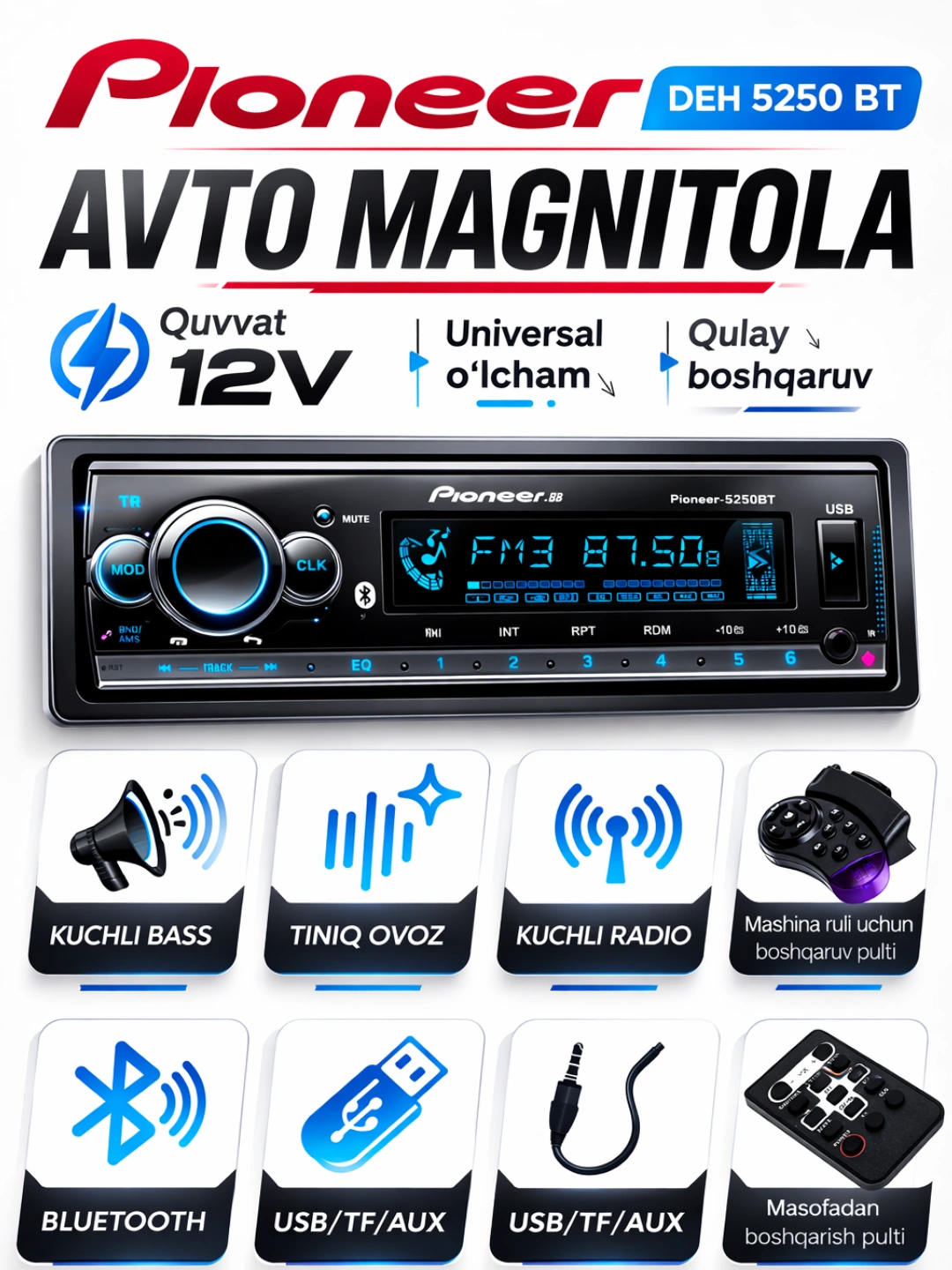 Avtomagnitafon Pioneer 2 pult Bluetooth, USB, AUX, FM radio magnitofon ...