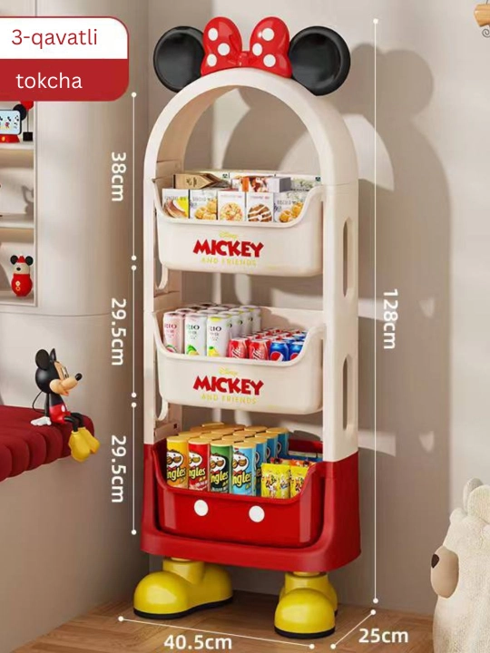 O‘yinchoqlar va kitoblar uchun 3 qavatli Mickey Mouse bolalar javoni - 