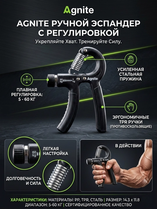 Эспандер кистевой Agnite Deli ER021-GR, 5–60 кг - 