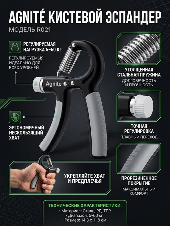 Эспандер кистевой Agnite Deli ER021-GR, 5–60 кг - 