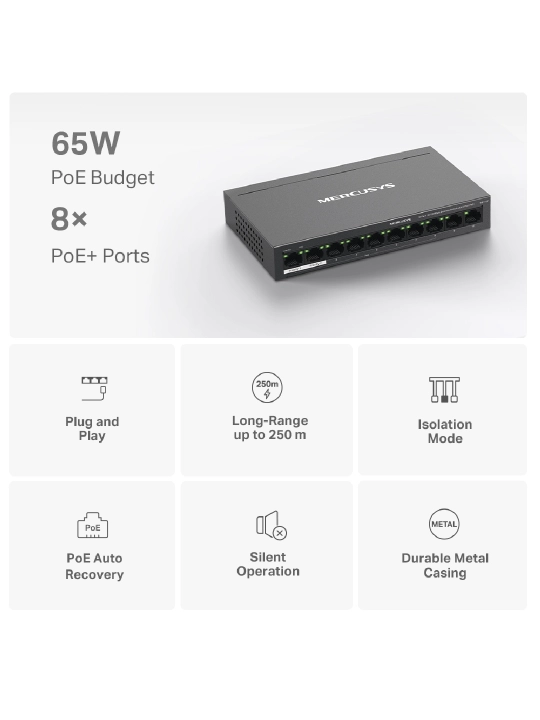 Mercusys MS110P 10 portli 10/100 Mbit/s ish stoli kaliti, 8 ta PoE+ porti