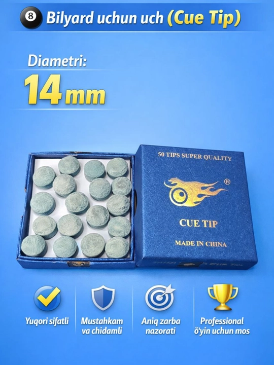 Bilyard koyi uchun nakleyka (Cue Tip) 14 mm, 50 dona to‘plam - 
