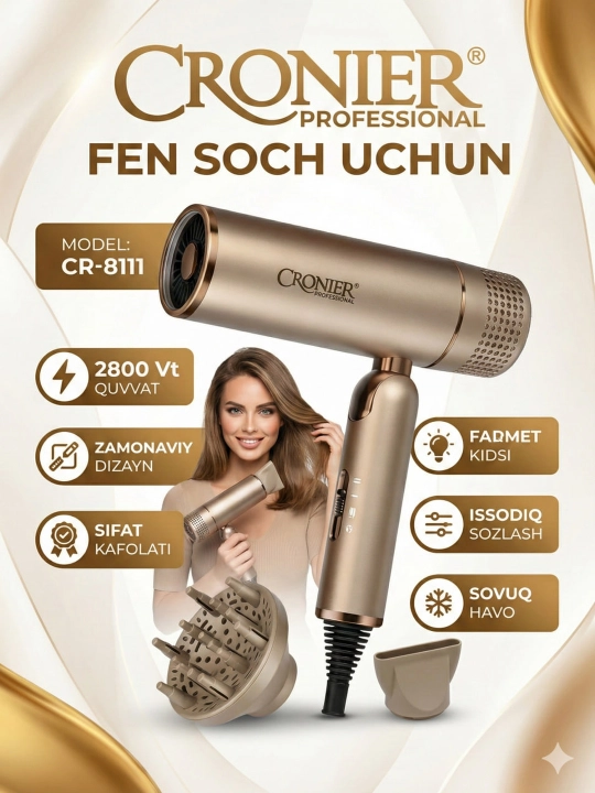 Professional fen soch quritgich CRONIER , quritish va turmaklash uchun, 2800W - 