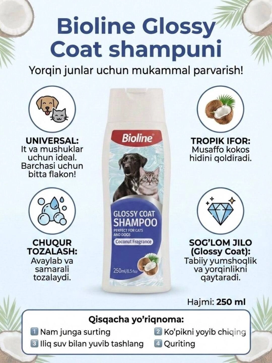 It va mushuklar uchun shampun Bioline Glossy Coat, yaltiroq jun uchun, kokos hidli, 250 ml