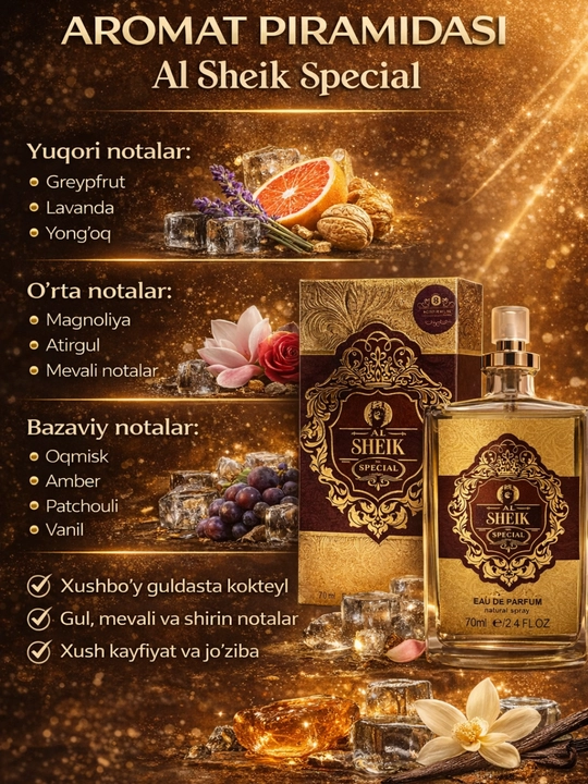 Erkaklar uchun atir 70 ml, Sheik, erkaklar parfyumlangan suvi gul-mevali daraxt ifori