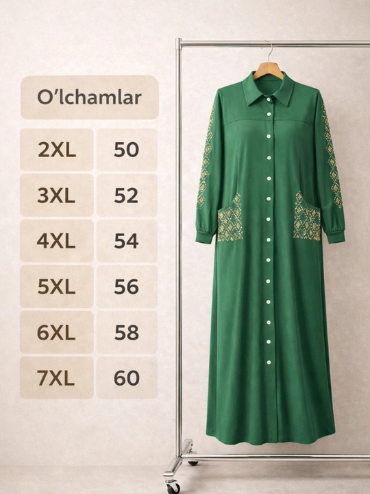 Ayollar uchun katta o‘lchamli bahorgi ko‘ylak,50–60 razmerli,ayollar bezakli xalati