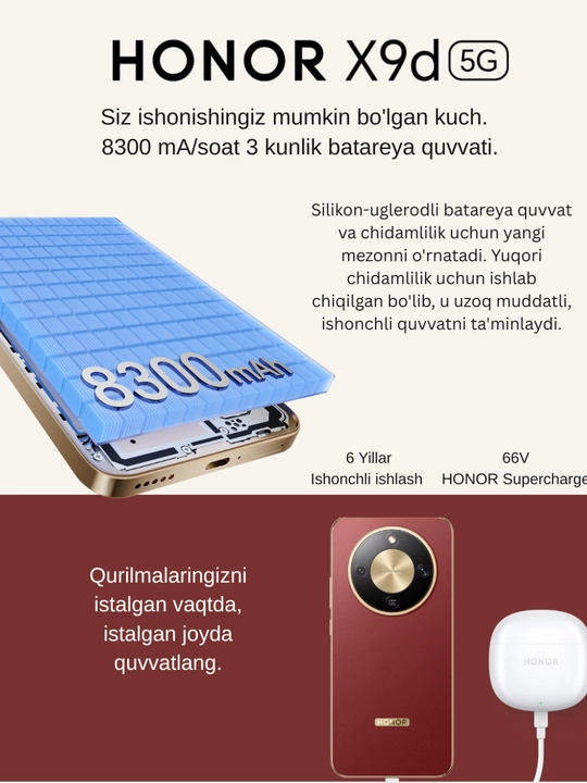 Смартфон (HONOR X9D,)IP69K водонепроницаемый, IPX69 пылезащитный, 6000 нит OLED