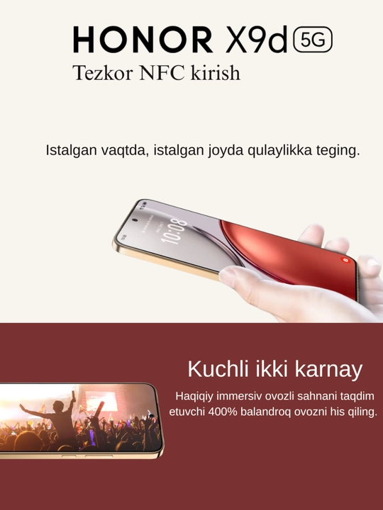 Smartfon (HONOR X9D,) Qo'shimcha qarshilik. IP69K Suv, IPX6 chang, 6000nits OLED