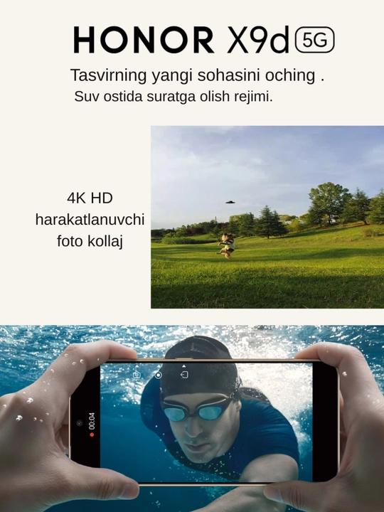 Smartfon (HONOR X9D,) Qo'shimcha qarshilik. IP69K Suv, IPX6 chang, 6000nits OLED