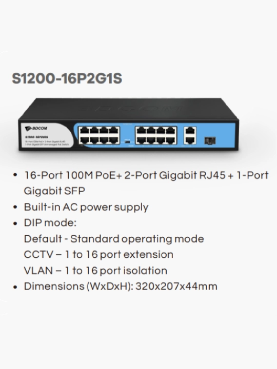BDCOM S1200-P seriyali boshqarilmaydigan PoE kalitlari