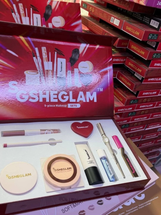 Подарочный набор для макияжа Sheglam, 9 предметов, пудра, тушь, помада, консилер