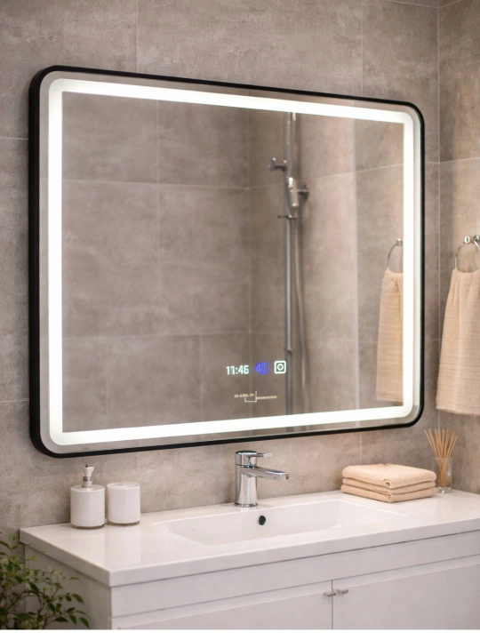LED зеркало 80×60 см с обогревом, отображением времени и температуры - 