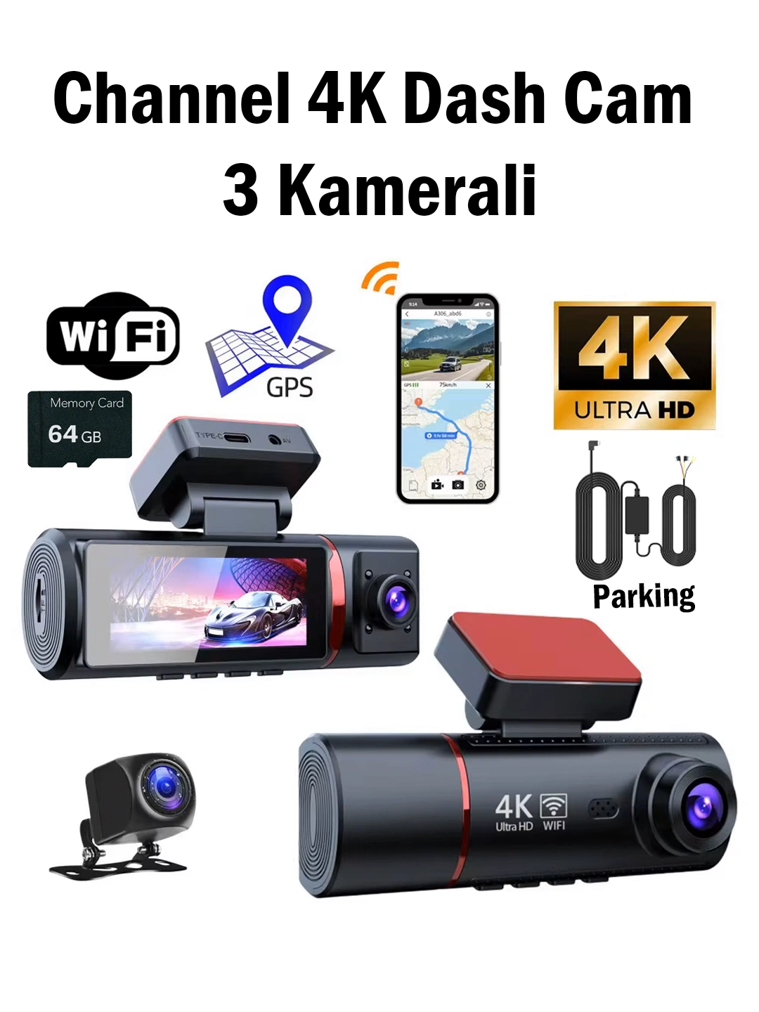 Videoregistrator Channel 3 Kamerali 4K Ultra HD WiFi GPS 64GB Parking 3.2 HD displey ekran 2