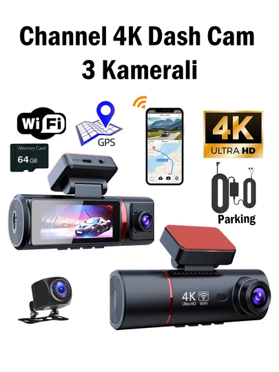 Videoregistrator Channel 3 Kamerali 4K Ultra HD WiFi GPS 64GB Parking 3.2 HD displey ekran 2