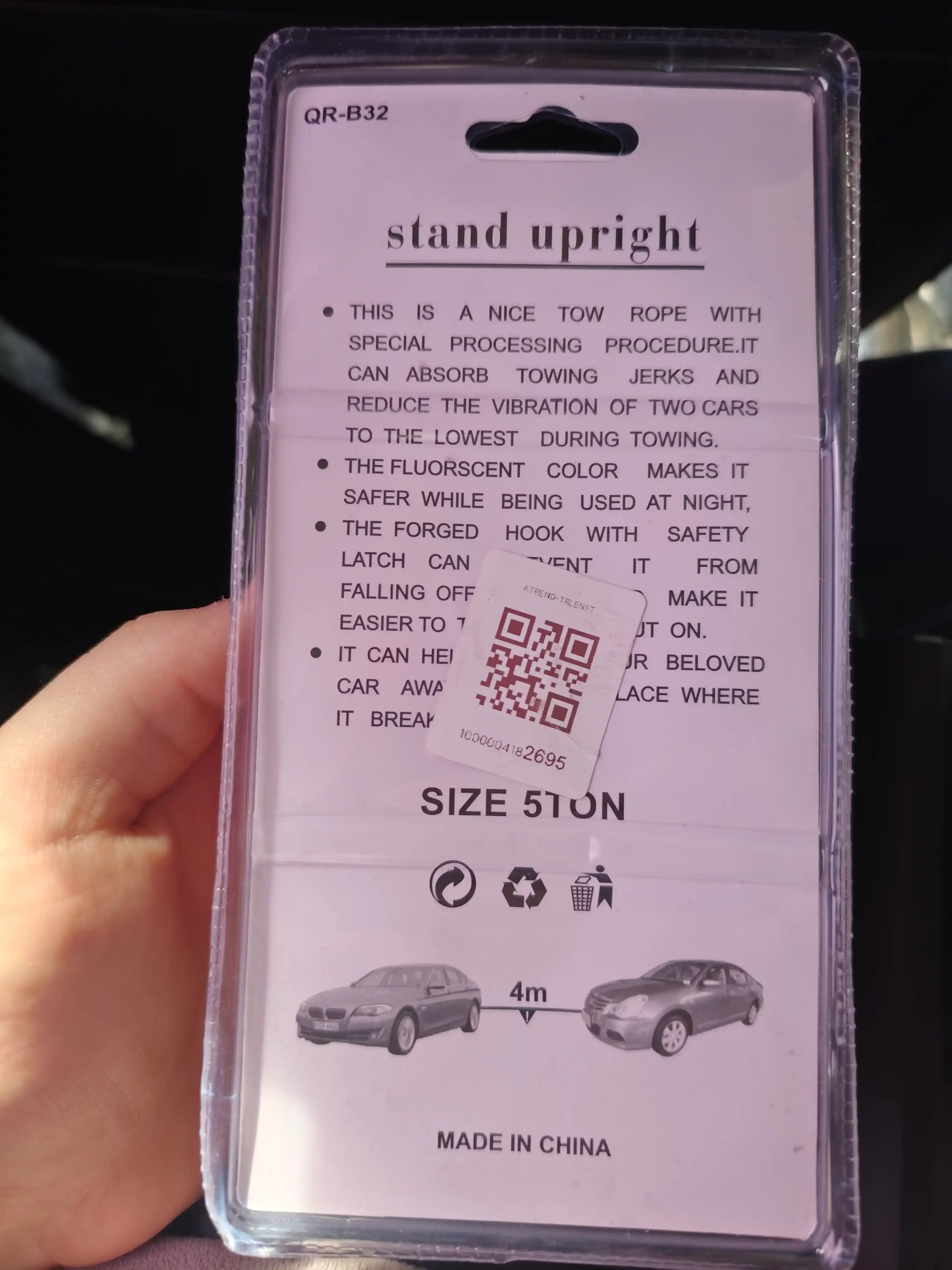 Avtomobil shatakka olish uchun tros, ikki ilgaklari bilan, 5 tonn gacha, uzunligi 4 m