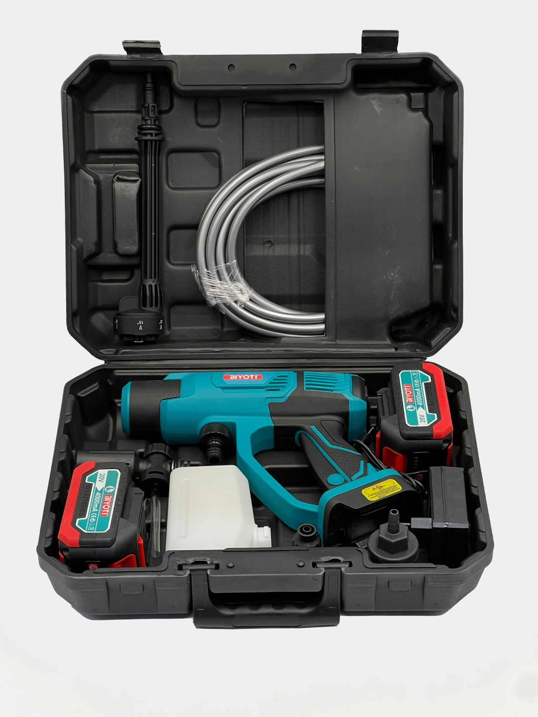 Biyoti BYT-CW06 akkumulyatorli moyka: 300 Vt, 2.4 MPa bosim va 6 l/daq sarf