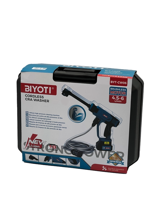 Biyoti BYT-CW06 akkumulyatorli moyka: 300 Vt, 2.4 MPa bosim va 6 l/daq sarf