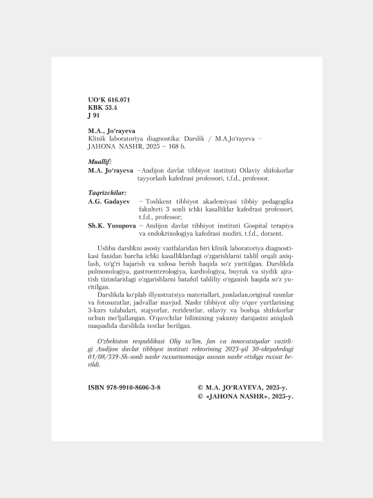 KLINIK LABORATOR DIAGNOSTIKA — M.A. Jo‘rayeva