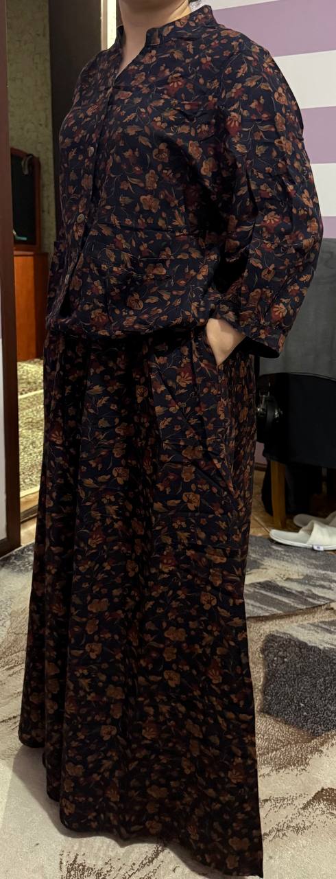 Ayollar dvoyka kostyumi oversize 2v1 paxta 100% 48–56 rubashka va yubka cho‘ntakli, yozgi