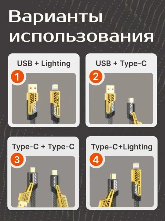 4 in 1 Tezkor Zaryadlash Kabeli USB-A + 2 Type-C + Lightning PD 27W 1.5m