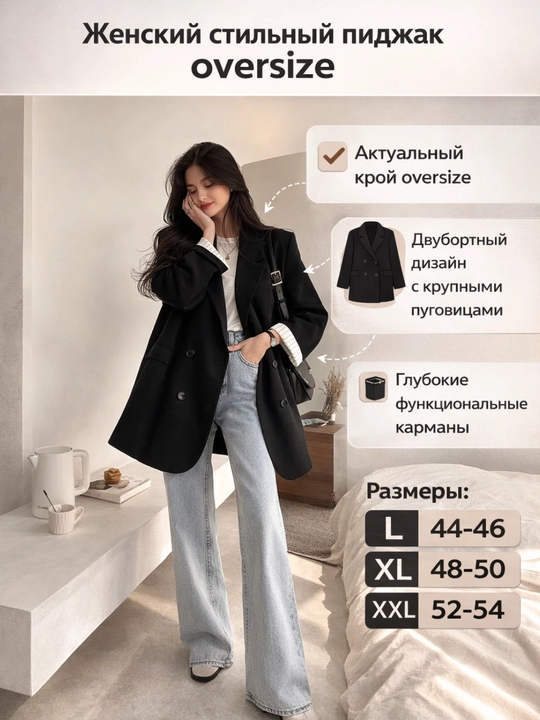Женский пиджак oversize — не плотная, подходит для тёплых дней осени и весны