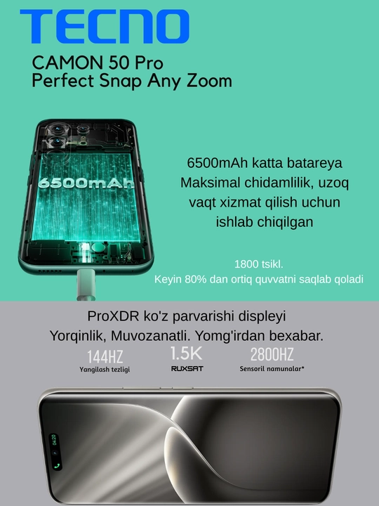 Tecno Camon 50 Pro, Ultra Zoom, 144Hz, 6500 mAh, 50 MP Sony kamera