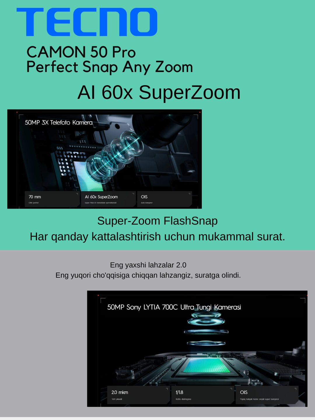 Tecno Camon 50 Pro, Ultra Zoom, 144Hz, 6500 mAh, 50 MP Sony kamera