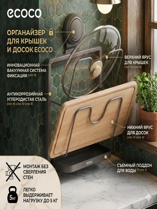 Держатель для крышек и досок ECOCO на присосках, двухъярусная кухонная подставка серая
