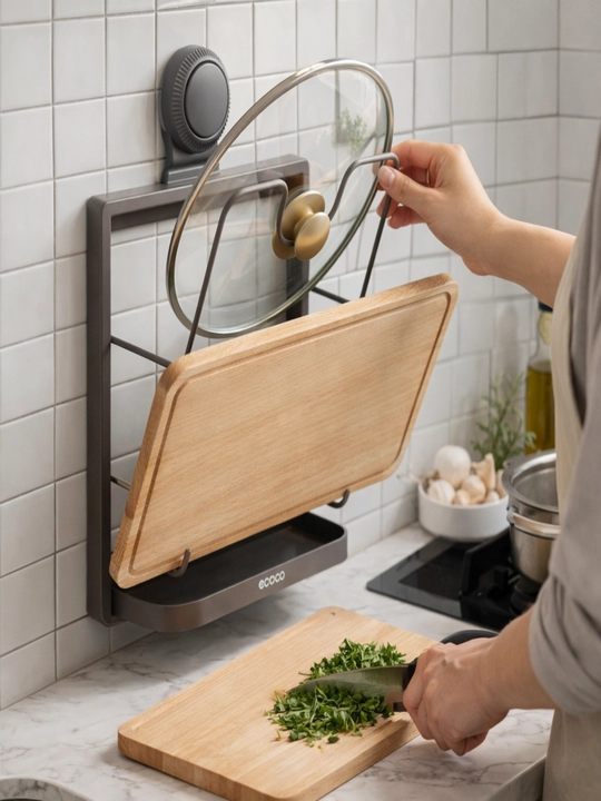 Держатель для крышек и досок ECOCO на присосках, двухъярусная кухонная подставка серая