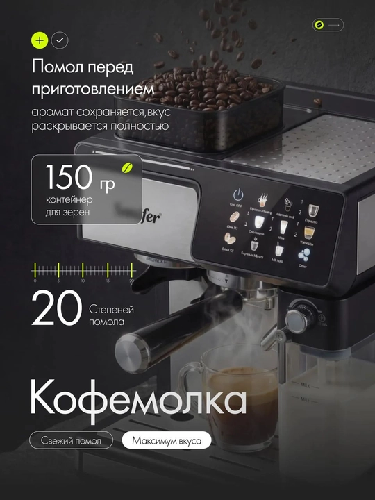 Кофемашина Sonifer 20 бар, 1350Вт, автоматическая кофеварка с кофемолкой
