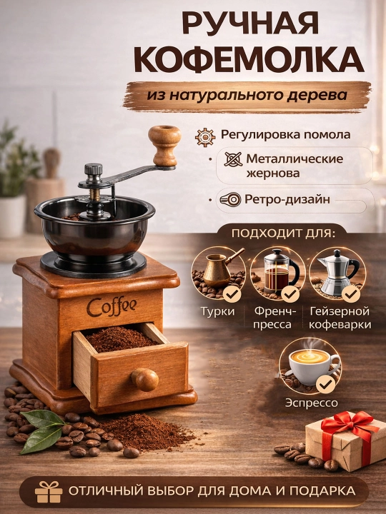 Ручная кофемолка деревянная, с металлическим механизмом, с регулировкой степени помола  - 