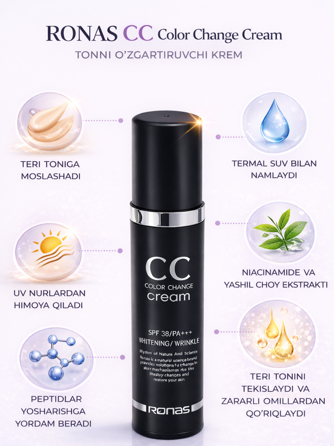 Ronas CC — увлажняющий корректирующий тональный крем, с защитой от солнца SPF 38 - 