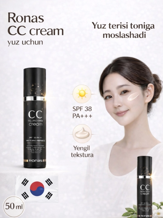 Ronas CC — terini rangiga moslashadigan va namlovchi SPF 38 quyoshdan himoya tonal krem