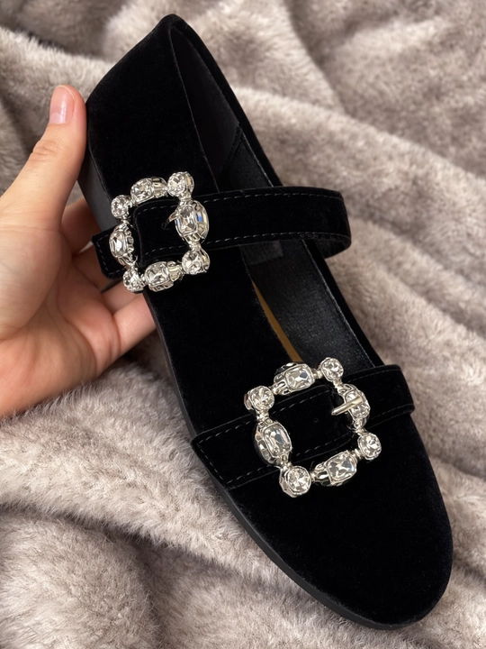 Ayollar uchun Mary Jane zamsh baletka, ikki tasmali toshli elegant klassik va qulay tufli