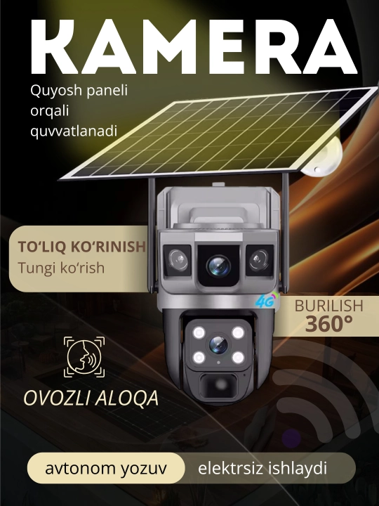 4 ta kamerali kuzatuv kamera, quyosh panellik, SIM-karta, 4G 24 ga 7 rejim - 