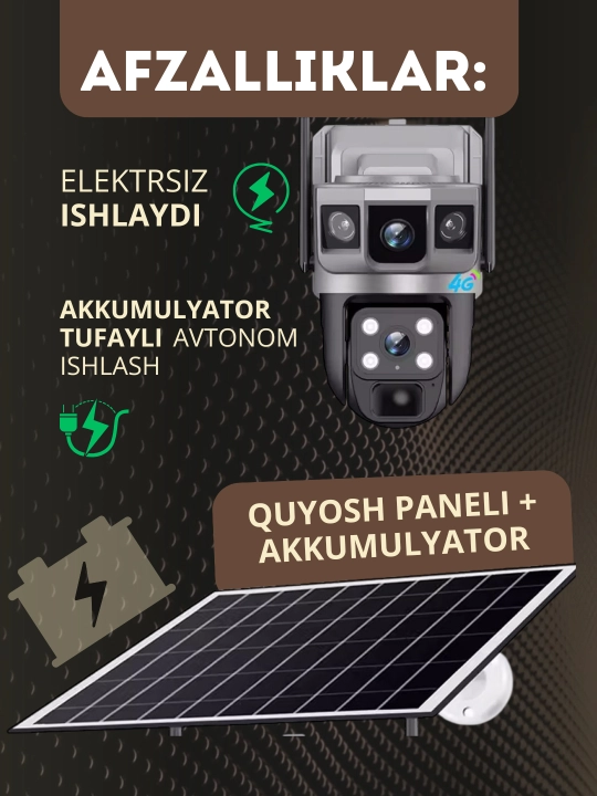 4 ta kamerali kuzatuv kamera, quyosh panellik, SIM-karta, 4G 24 ga 7 rejim