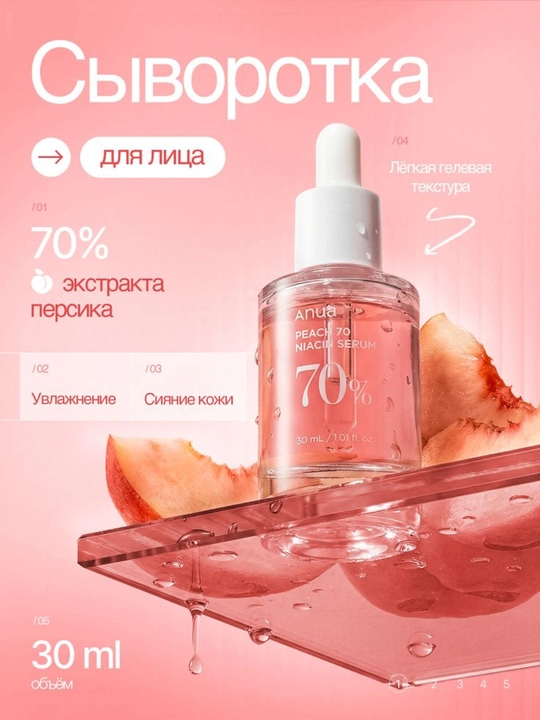 Anua Peach 70 Niacin Serum – oqartiruvchi va namlovchi zardob, 30 ml - 