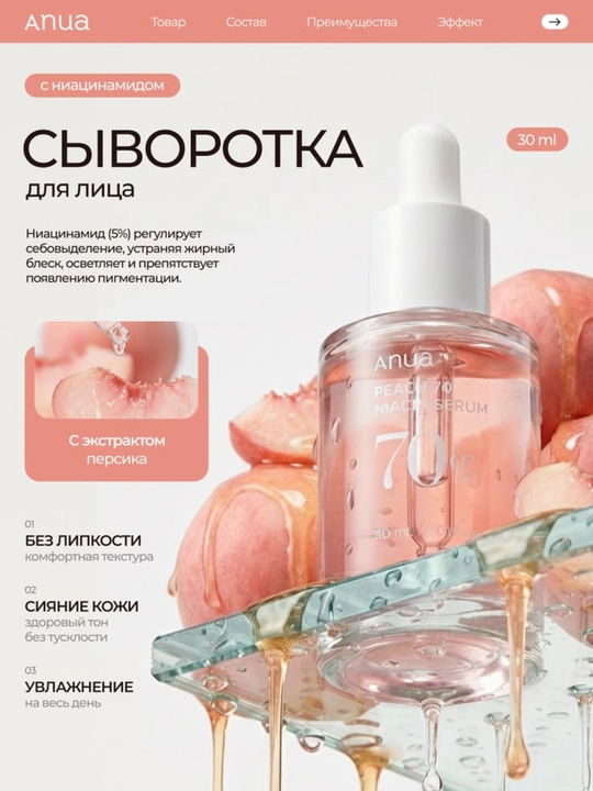 Anua Peach 70 Niacin Serum – осветляющая и увлажняющая сыворотка, 30 мл