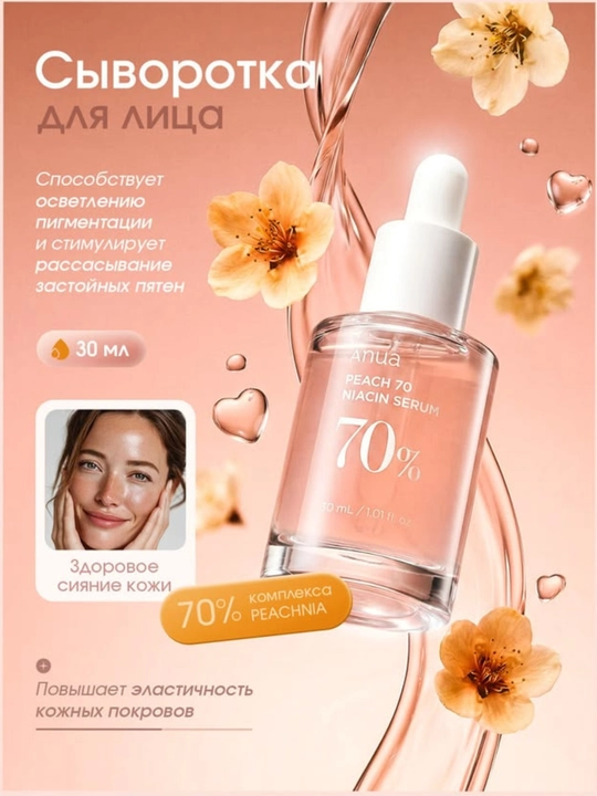 Anua Peach 70 Niacin Serum – осветляющая и увлажняющая сыворотка, 30 мл