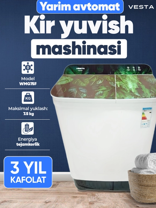Yarim avtomat, kir yuvish mashinasi, Vesta WMG75F, 7.5 kg