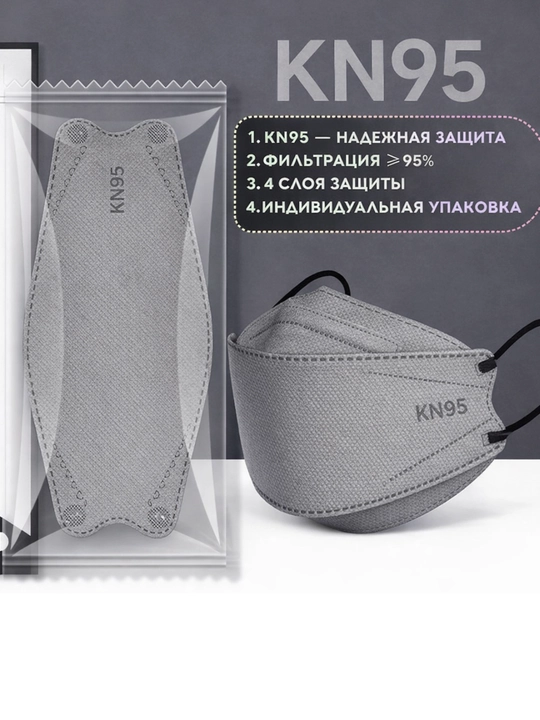 Маска медицинская для лица KN95, 4-слойная, одноразовая, фильтрация 95%, 5 шт
