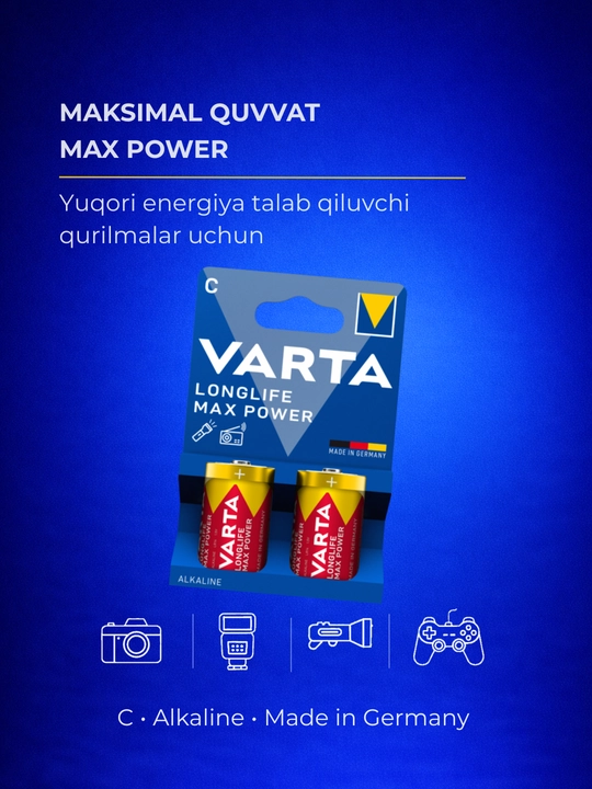 Batareykalar VARTA C (LR14, bochka) Longlife Max Power, 2 dona — plita, fonar - 