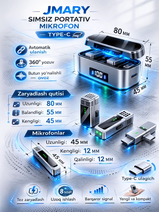 Jmary MW-16 simsiz ilmoqli mikrofon, universal, Type-C, Lightning - 