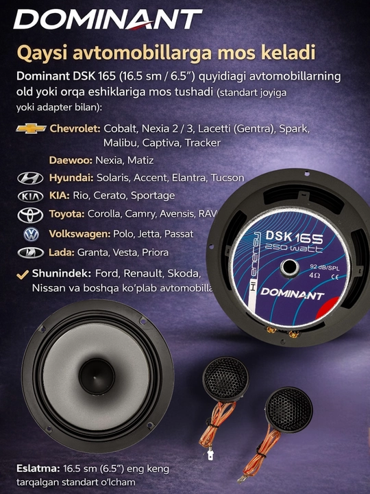 Ikki komponentli DOMINANT DSK165 250W XL AR karnaylari, avtomobil eshiklari uchun kolonka