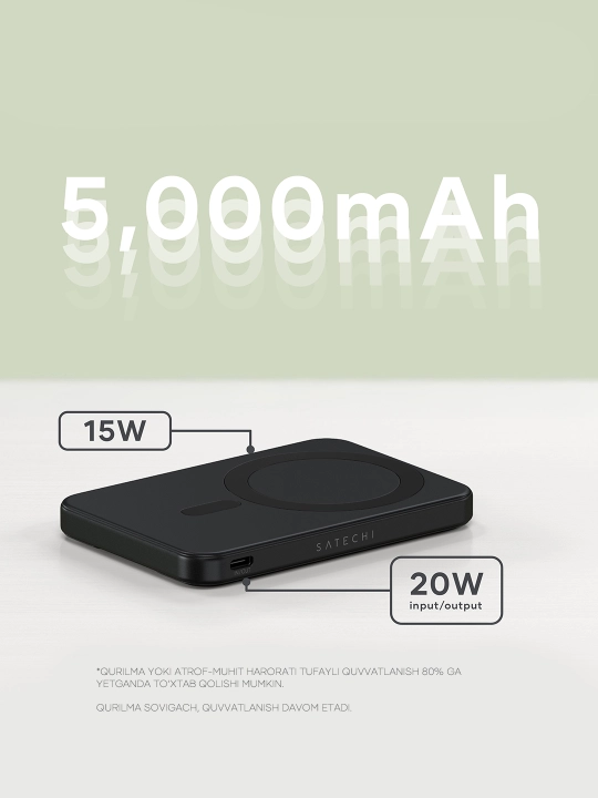 Satechi OntheGo™ simsiz Magsafe power bank, iPhone uchun poverbank, 5000 mAh, 10000 mAh