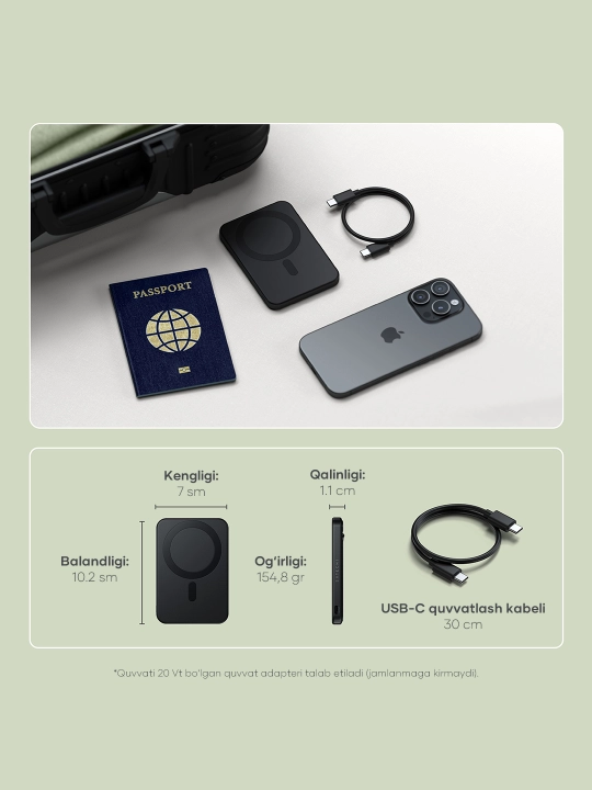 Satechi OntheGo™ simsiz Magsafe power bank, iPhone uchun poverbank, 5000 mAh, 10000 mAh