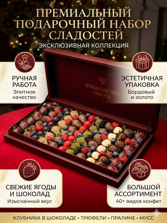 "Strawberry House" dan shokoladdagi qulupnay va rezavorlarli katta sovg'a to'plami - 