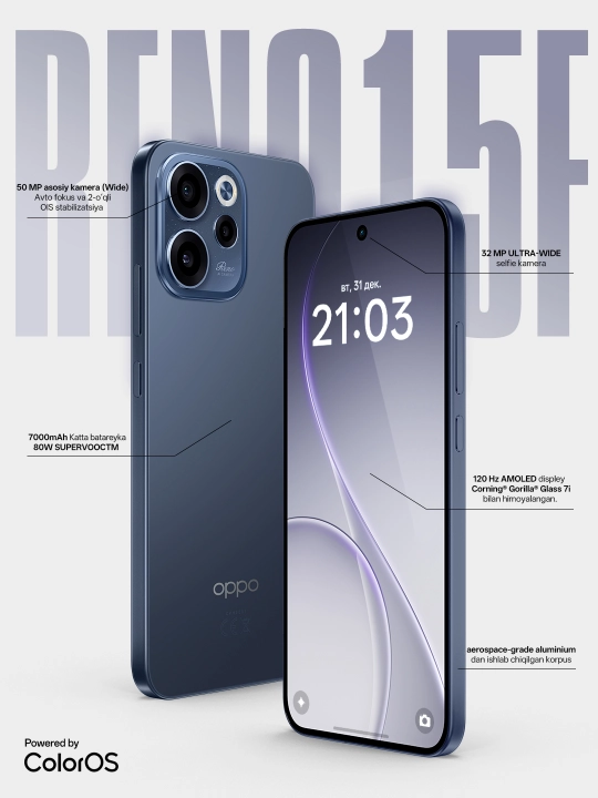 Смартфон OPPO Reno15 F 5G 12/512GB, Aurora Blue, Twilight Blue, 1 год гарантии - 