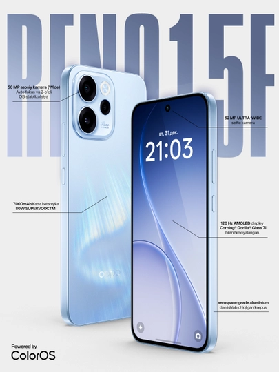 Смартфон OPPO Reno15 F 5G 12/512GB, Aurora Blue, Twilight Blue, 1 год гарантии - 